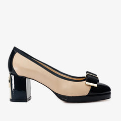 The Fano Beige Leather Cap Toe Block Heel Pump Shoe Exclusive Style