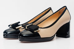 The Fano Beige Leather Cap Toe Block Heel Pump Shoe Exclusive Style