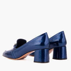 The Victoria Navy Blue Leather Block Heel Pump Shoe For Sale