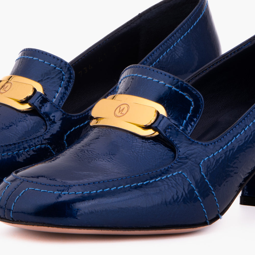 The Victoria Navy Blue Leather Block Heel Pump Shoe For Sale