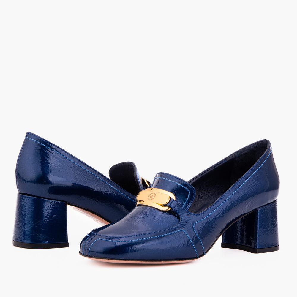 The Victoria Navy Blue Leather Block Heel Pump Shoe For Sale