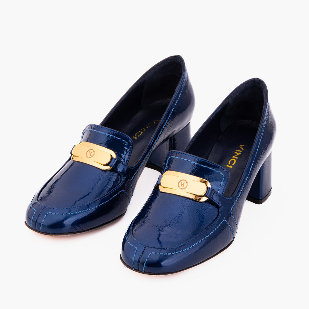 The Victoria Navy Blue Leather Block Heel Pump Shoe For Sale
