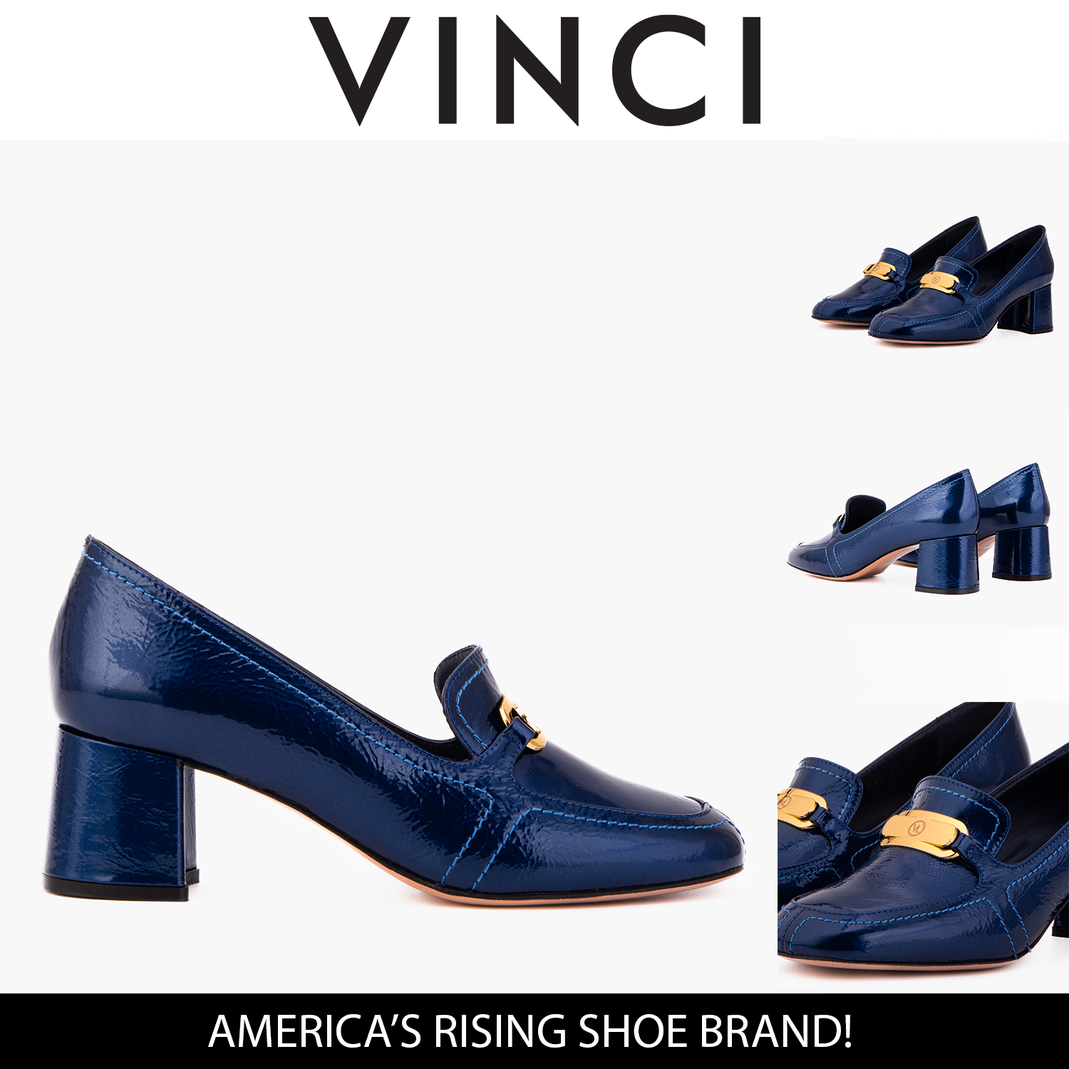 The Victoria Navy Blue Leather Block Heel Pump Shoe For Sale