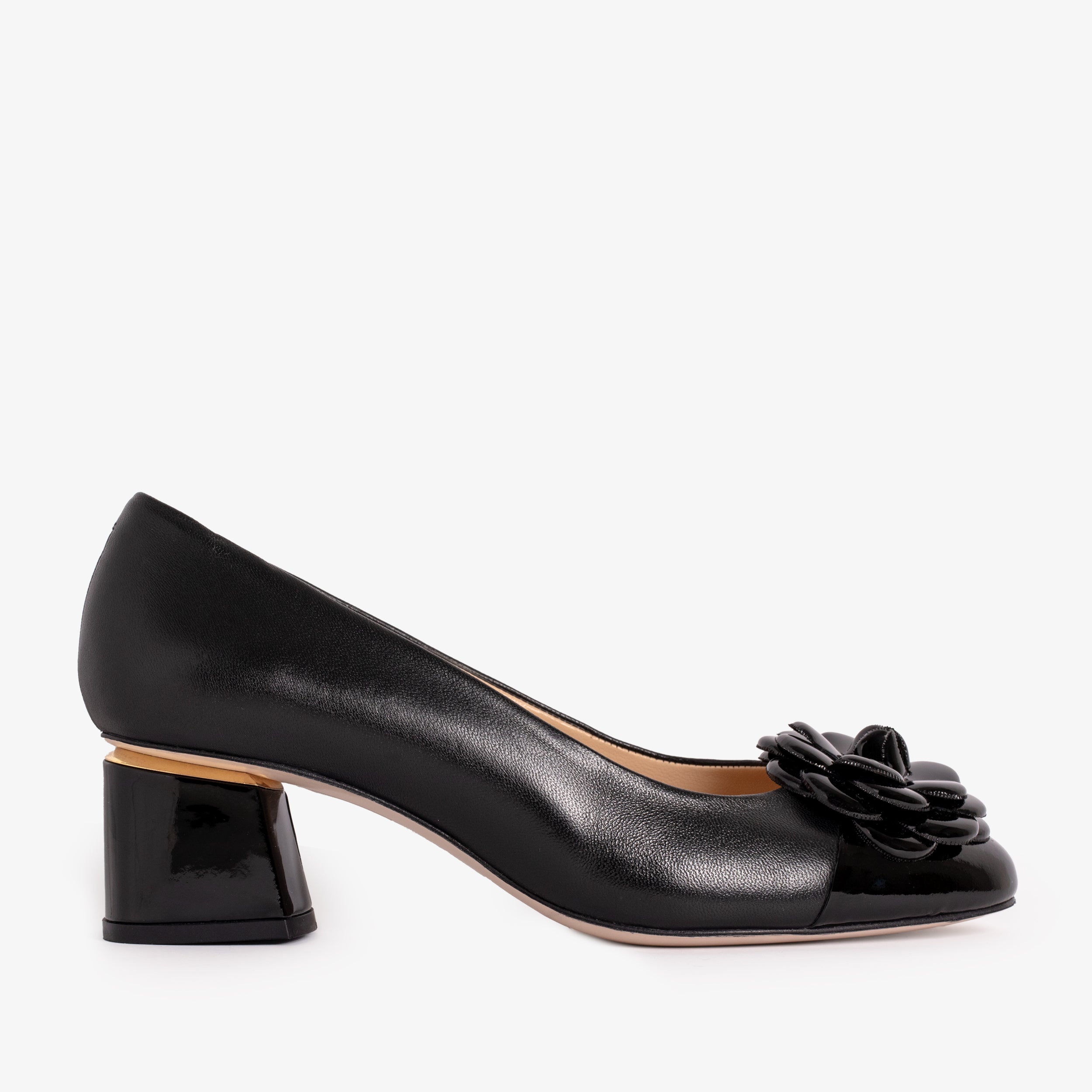 The Diva Black Leather Cap Toe Block Heel Pump Shoe On Sale