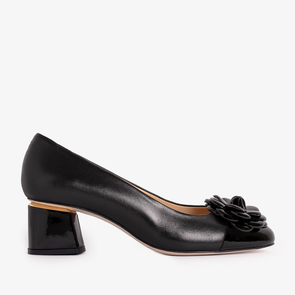 The Diva Black Leather Cap Toe Block Heel Pump Shoe On Sale
