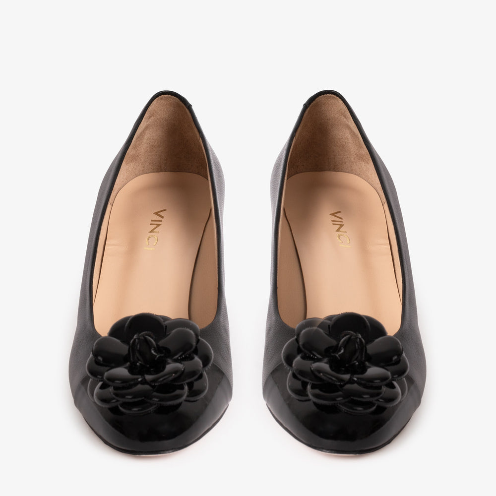 The Diva Black Leather Cap Toe Block Heel Pump Shoe On Sale