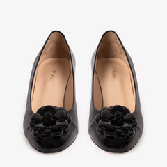 The Diva Black Leather Cap Toe Block Heel Pump Shoe On Sale