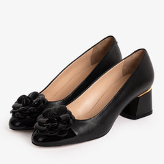 The Diva Black Leather Cap Toe Block Heel Pump Shoe On Sale