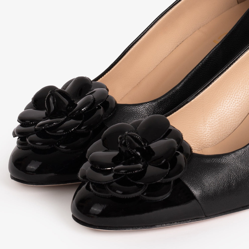 The Diva Black Leather Cap Toe Block Heel Pump Shoe On Sale
