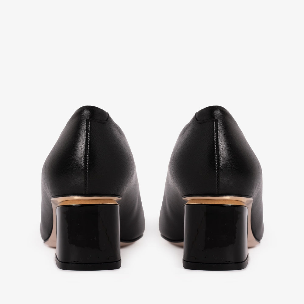 The Diva Black Leather Cap Toe Block Heel Pump Shoe On Sale