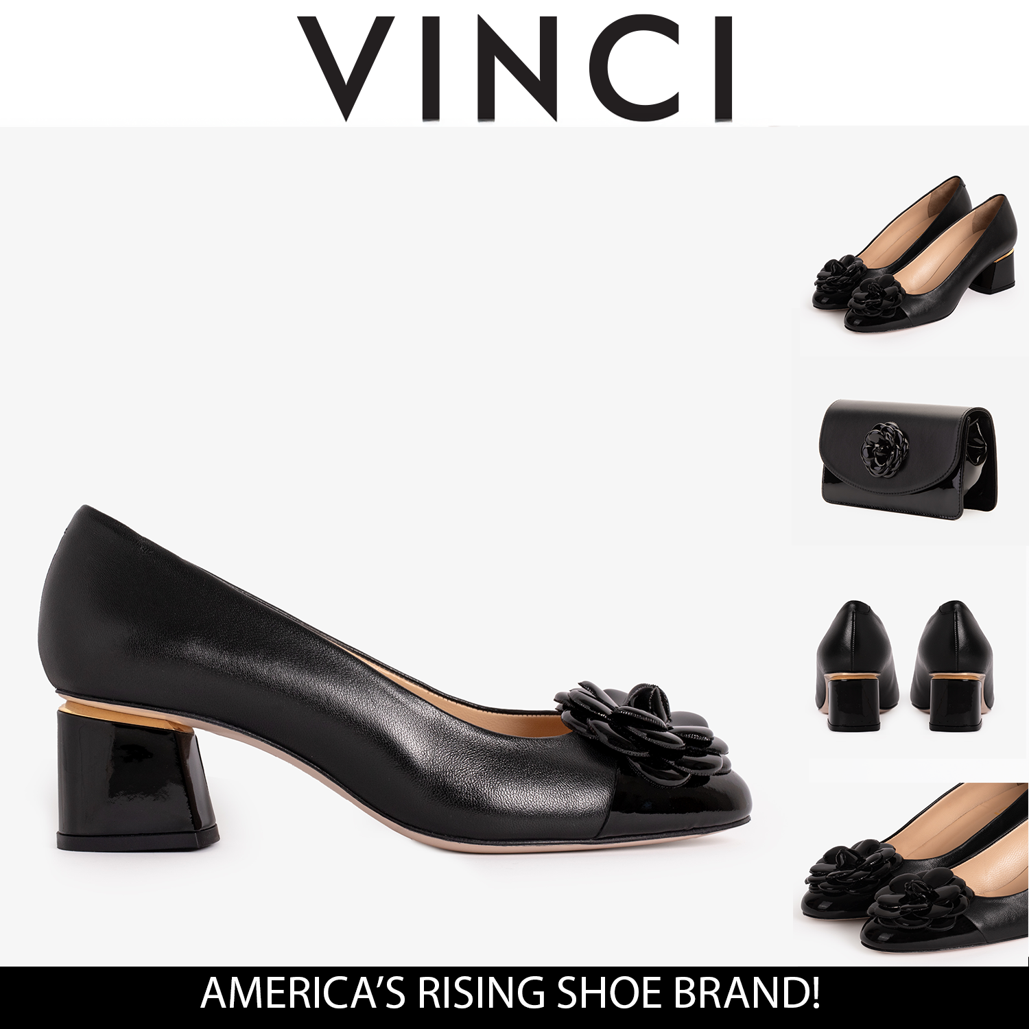 The Diva Black Leather Cap Toe Block Heel Pump Shoe On Sale
