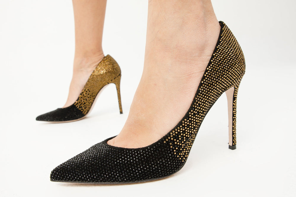 The Bago Black Gold Glitter Leather Pump Shoe All New