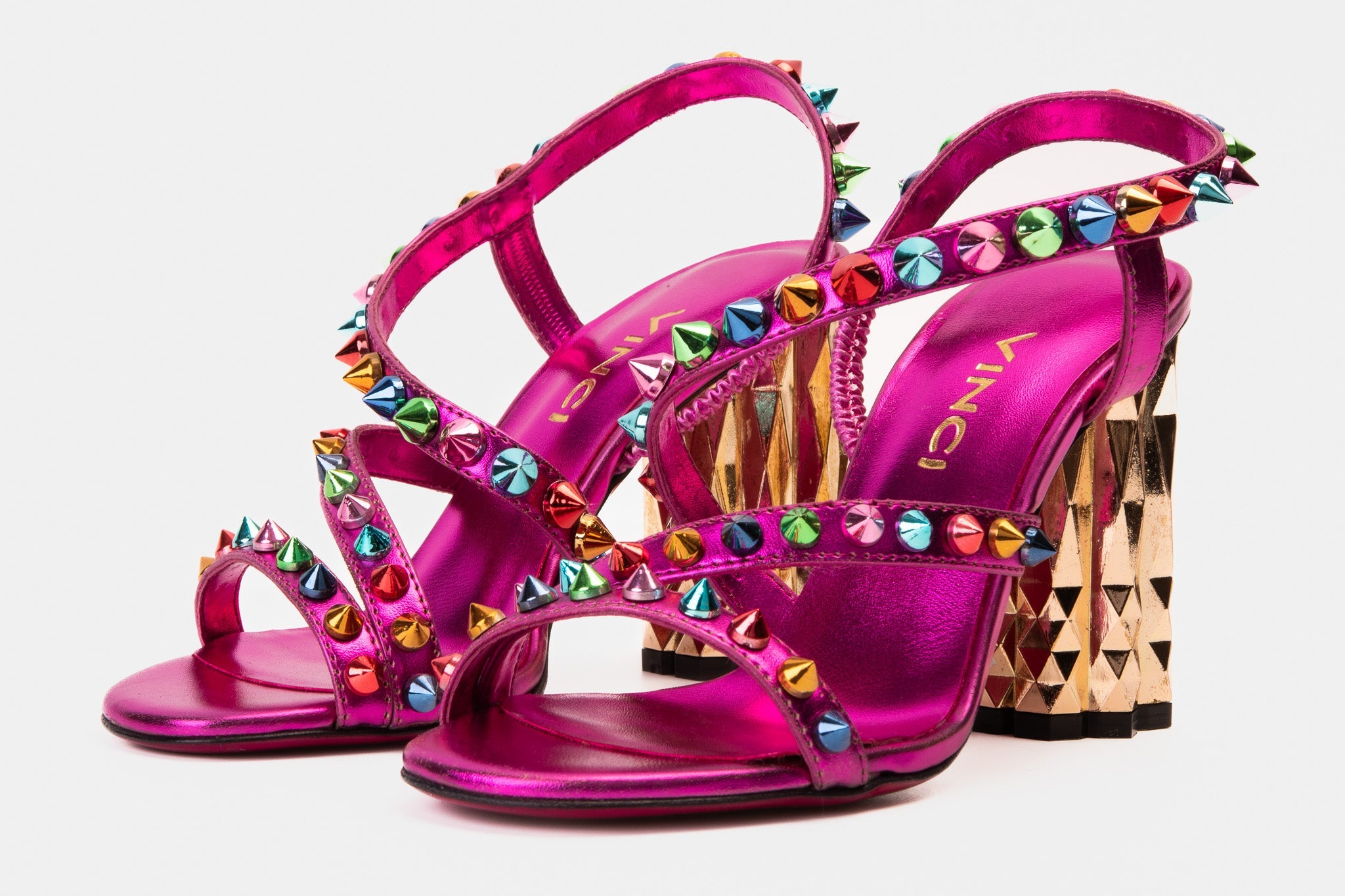The Caris Fuchsia Block Heel Spike Leather Sandal Final Sale! Fine Craftsmanship