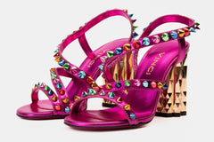 The Caris Fuchsia Block Heel Spike Leather Sandal Final Sale! Fine Craftsmanship