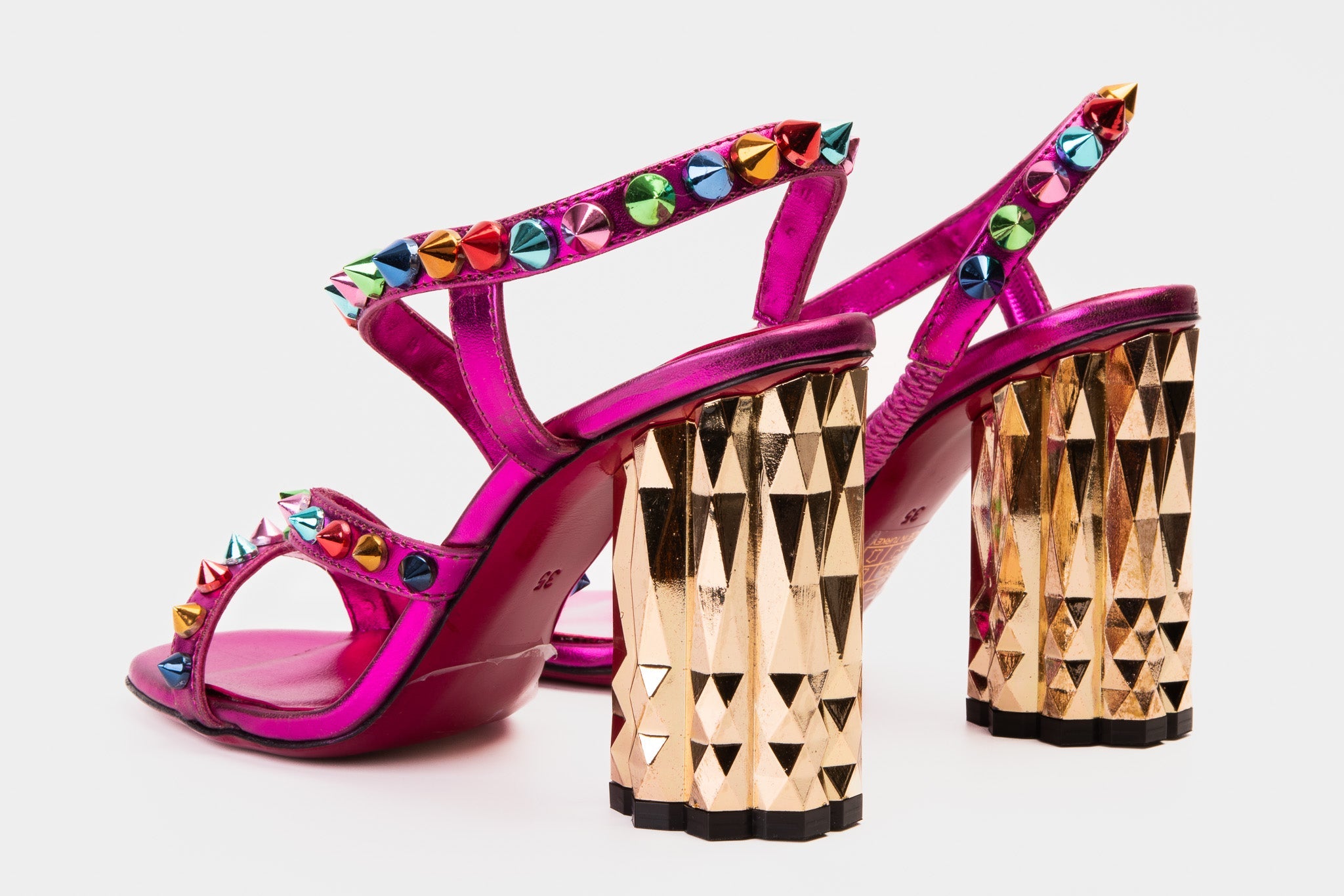 The Caris Fuchsia Block Heel Spike Leather Sandal Final Sale! Fine Craftsmanship