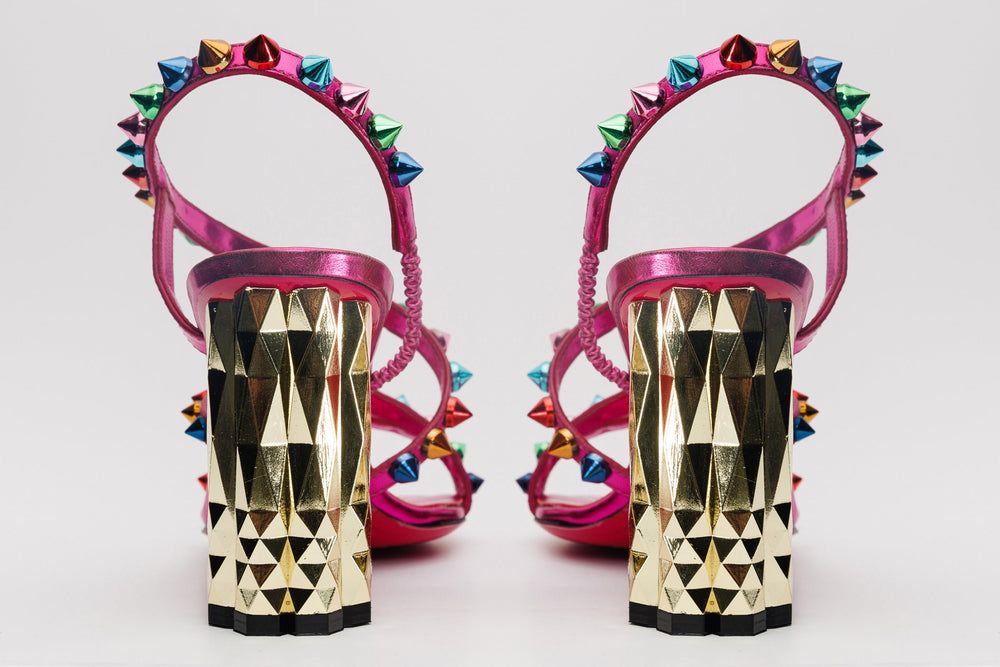 The Caris Fuchsia Block Heel Spike Leather Sandal Final Sale! Fine Craftsmanship