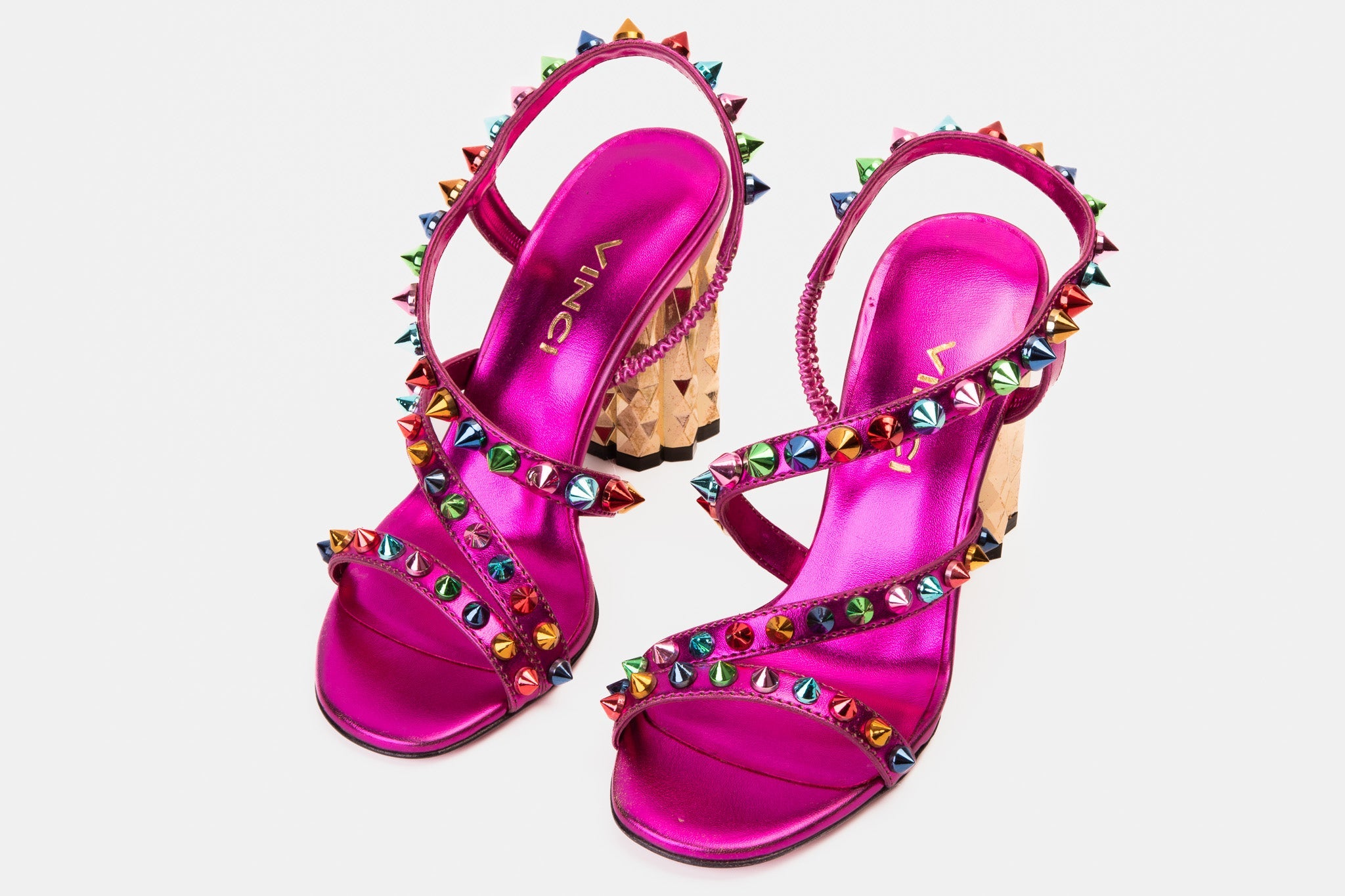 The Caris Fuchsia Block Heel Spike Leather Sandal Final Sale! Fine Craftsmanship