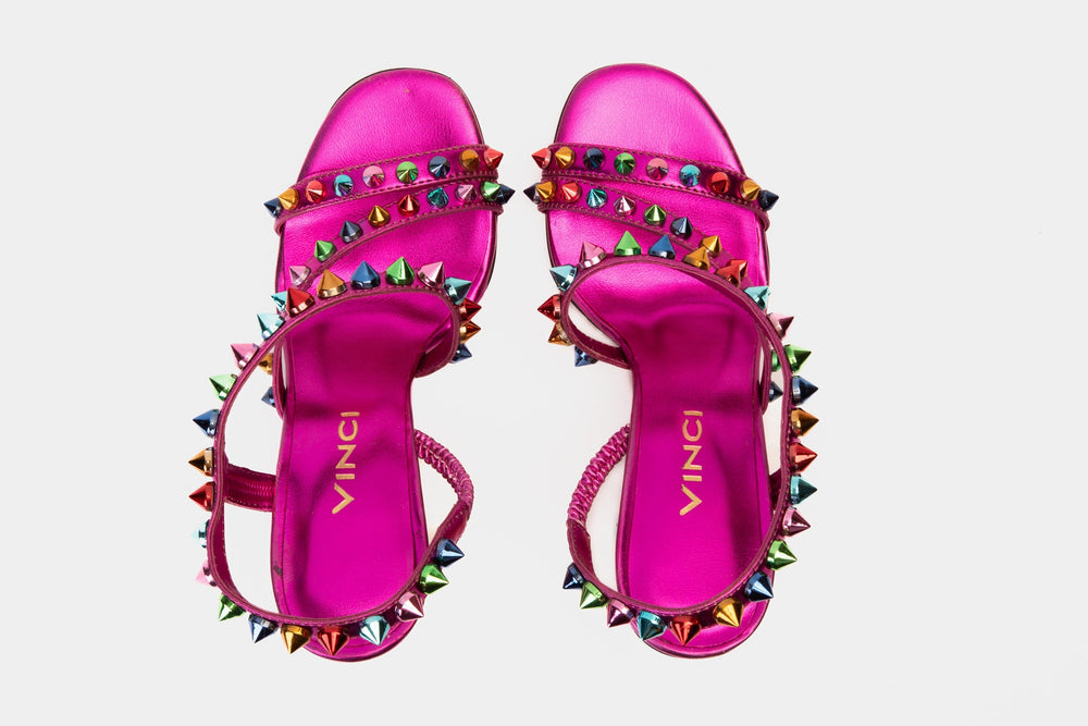 The Caris Fuchsia Block Heel Spike Leather Sandal Final Sale! Fine Craftsmanship