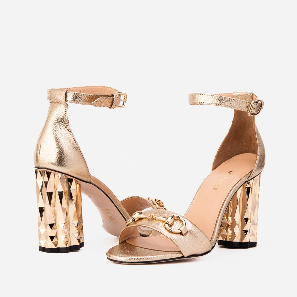 The Avlonya Block Heel Gold Leather Ankle Strap Sandal Exclusive Style