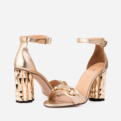 The Avlonya Block Heel Gold Leather Ankle Strap Sandal Exclusive Style