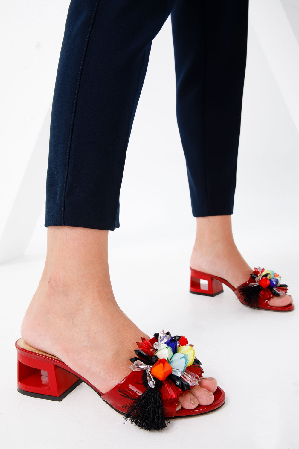 The Vigo Red Leather Block Heel Sandal For Sale