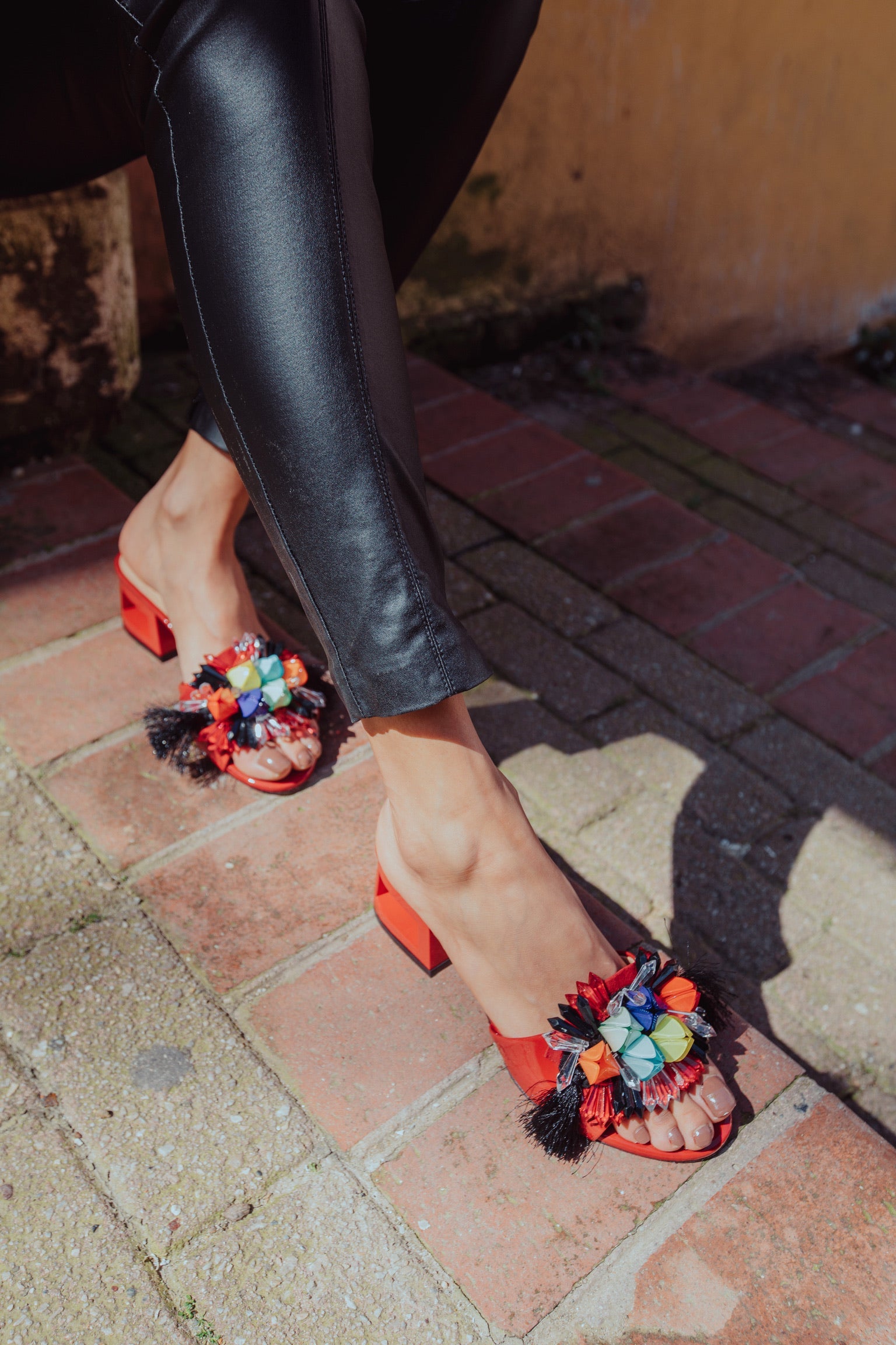 The Vigo Red Leather Block Heel Sandal For Sale