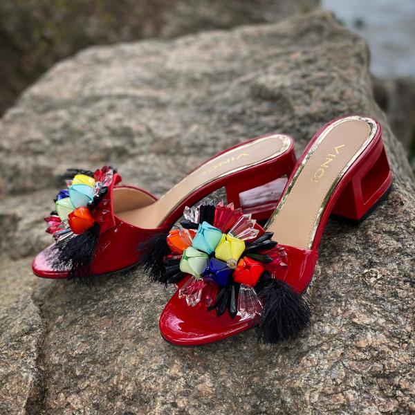 The Vigo Red Leather Block Heel Sandal For Sale