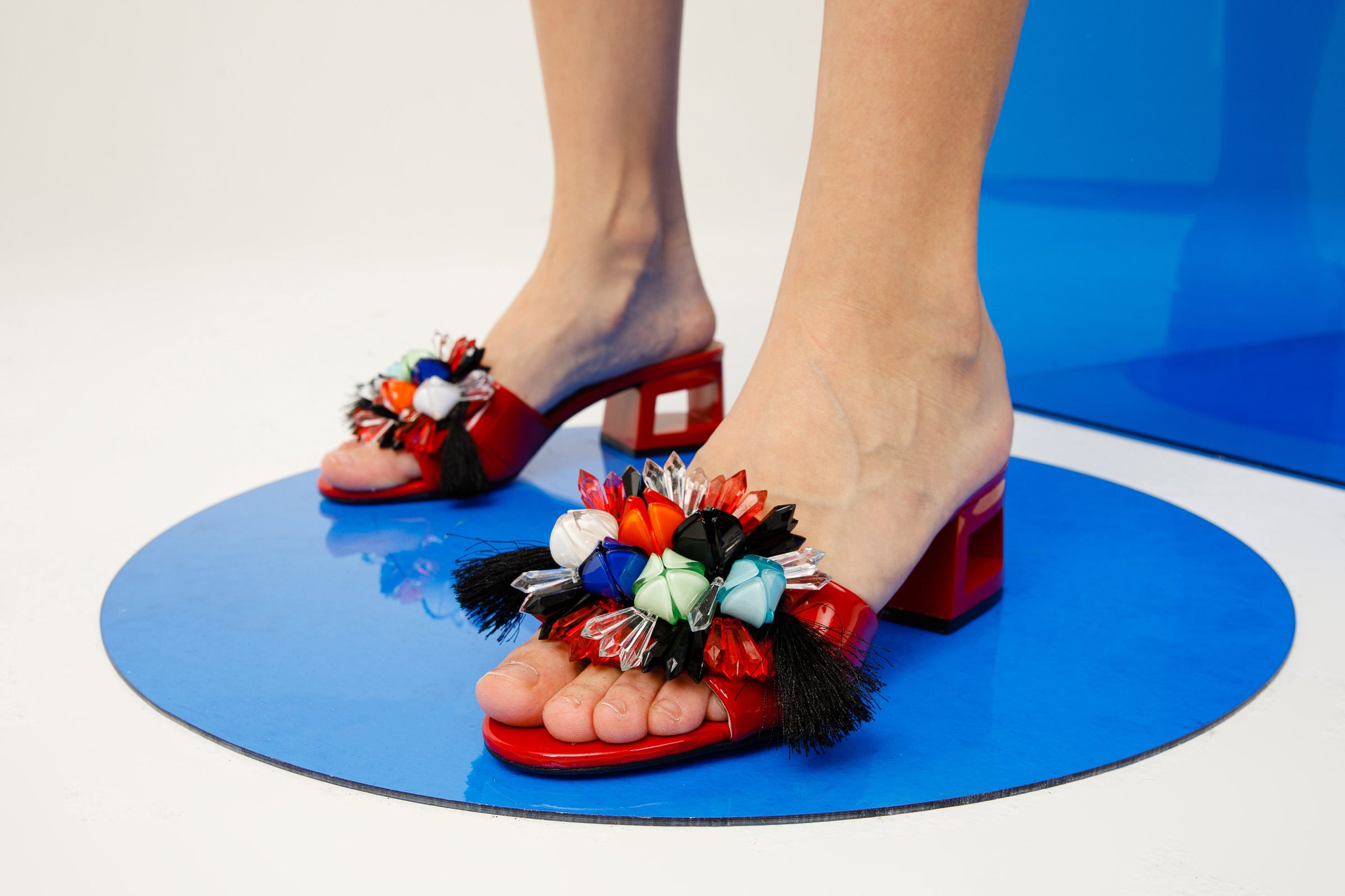 The Vigo Red Leather Block Heel Sandal For Sale