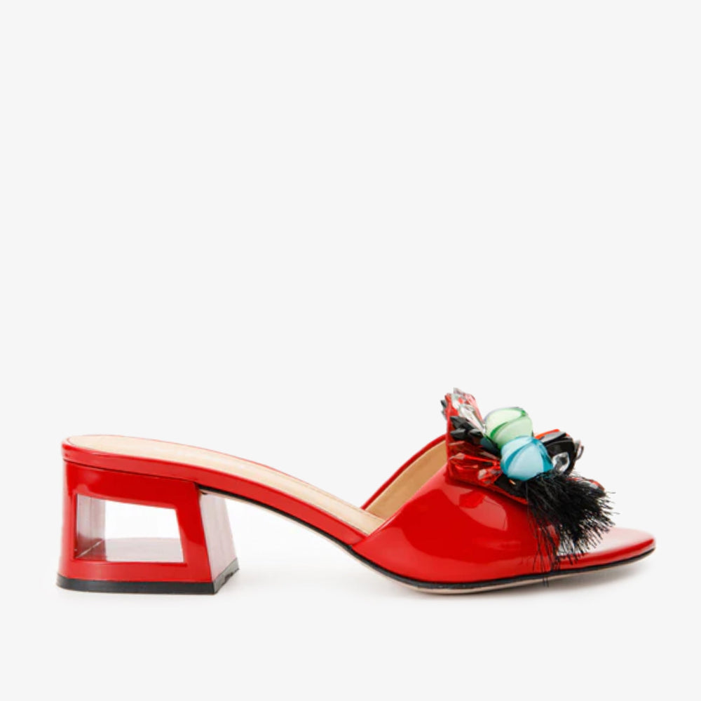 The Vigo Red Leather Block Heel Sandal For Sale