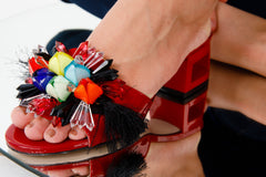 The Vigo Red Leather Block Heel Sandal For Sale