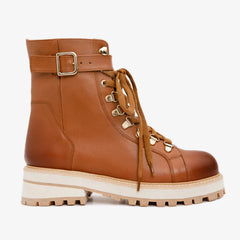 The Belgrano Tan Leather Lace-Up Ankle Boot With a Side Zipper For Sale