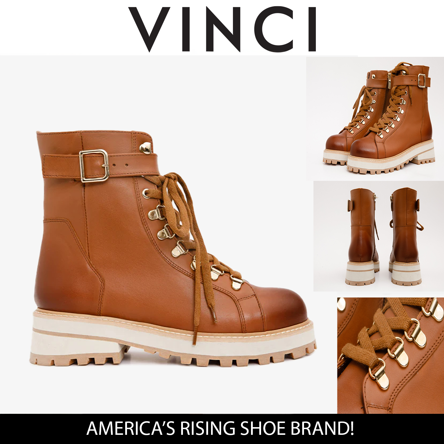 The Belgrano Tan Leather Lace-Up Ankle Boot With a Side Zipper For Sale