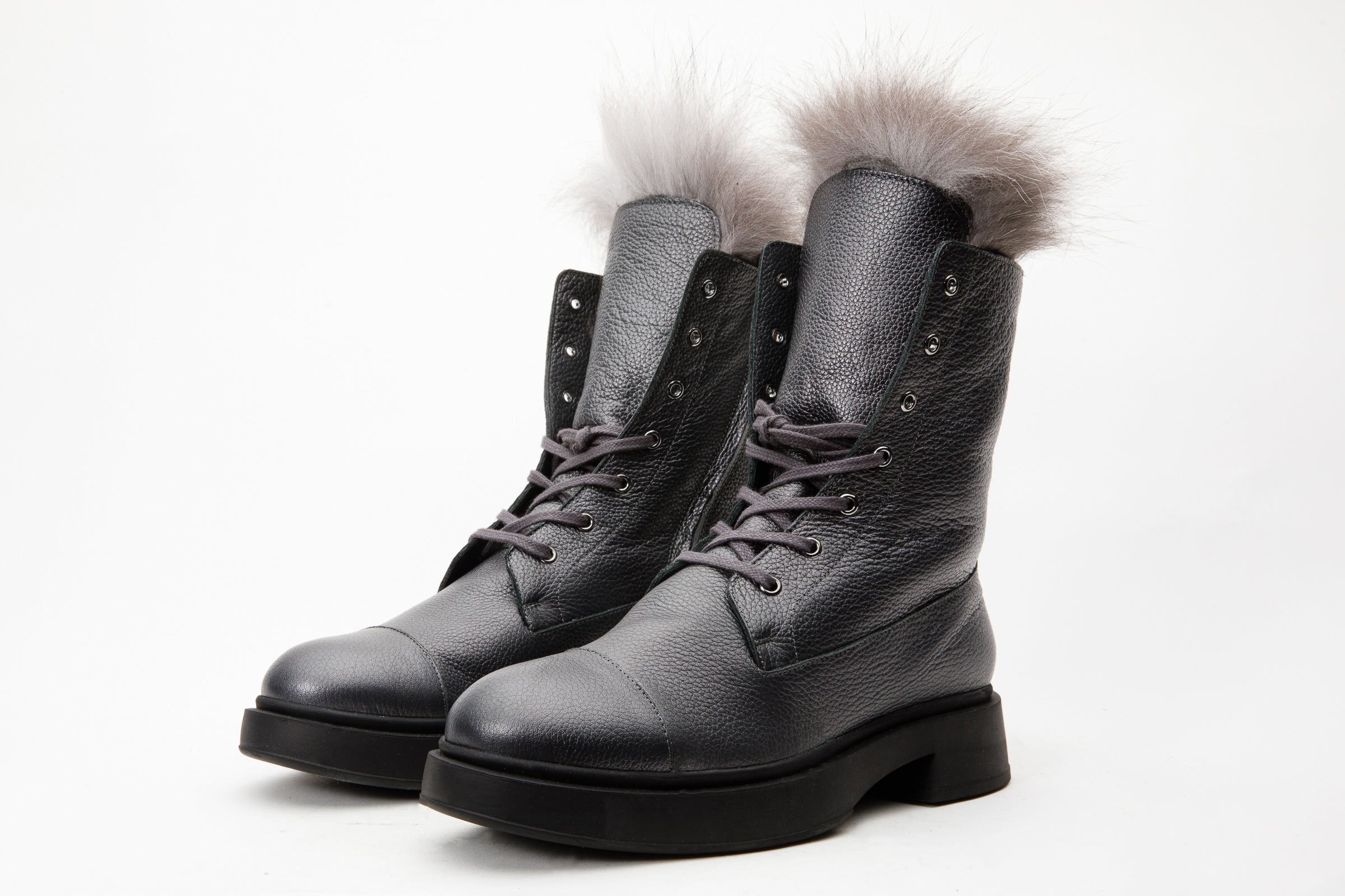 The Kajapati Grey Leather Natural Fur Mid Calf Boot Exclusive Style