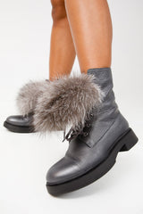 The Kajapati Grey Leather Natural Fur Mid Calf Boot Exclusive Style