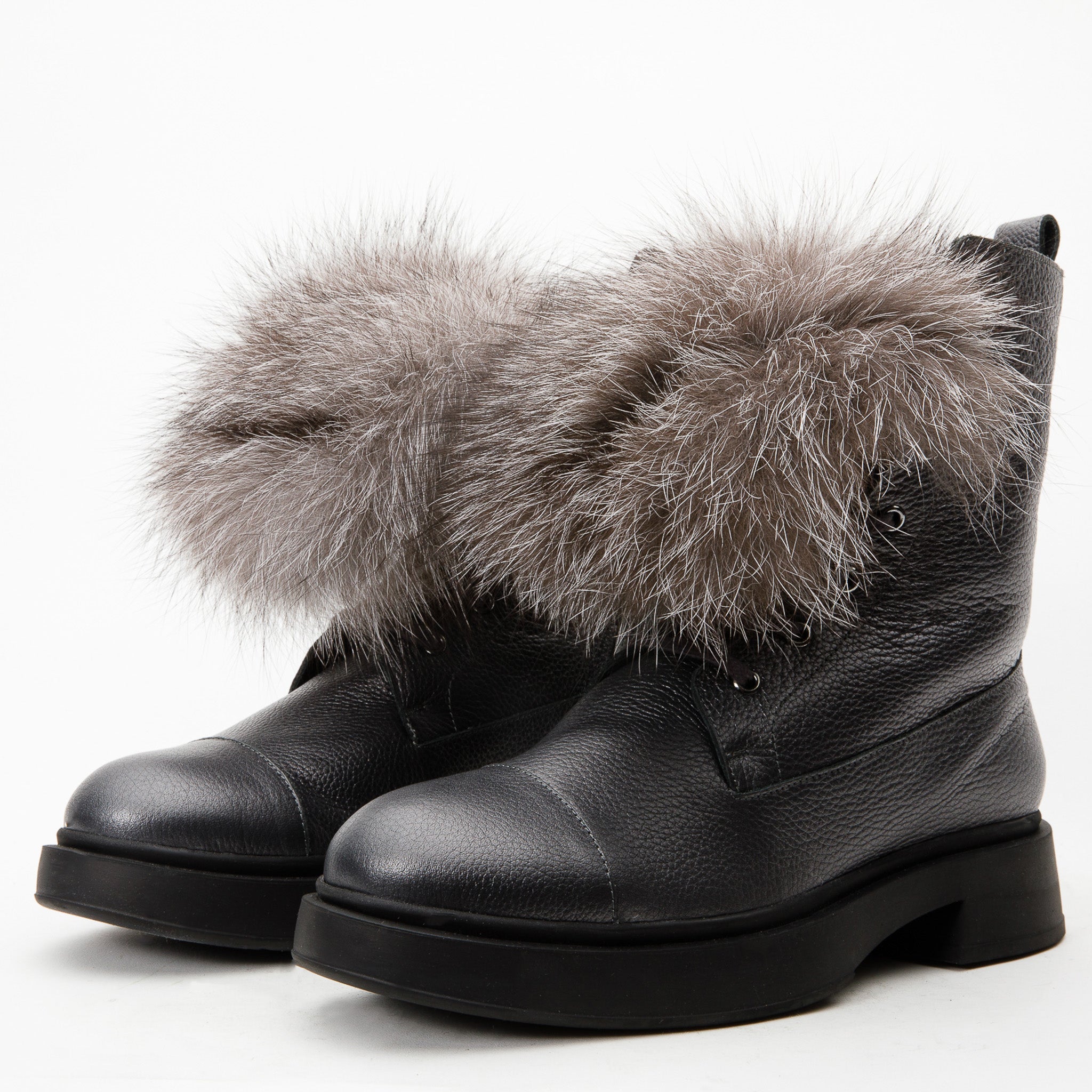 The Kajapati Grey Leather Natural Fur Mid Calf Boot Exclusive Style