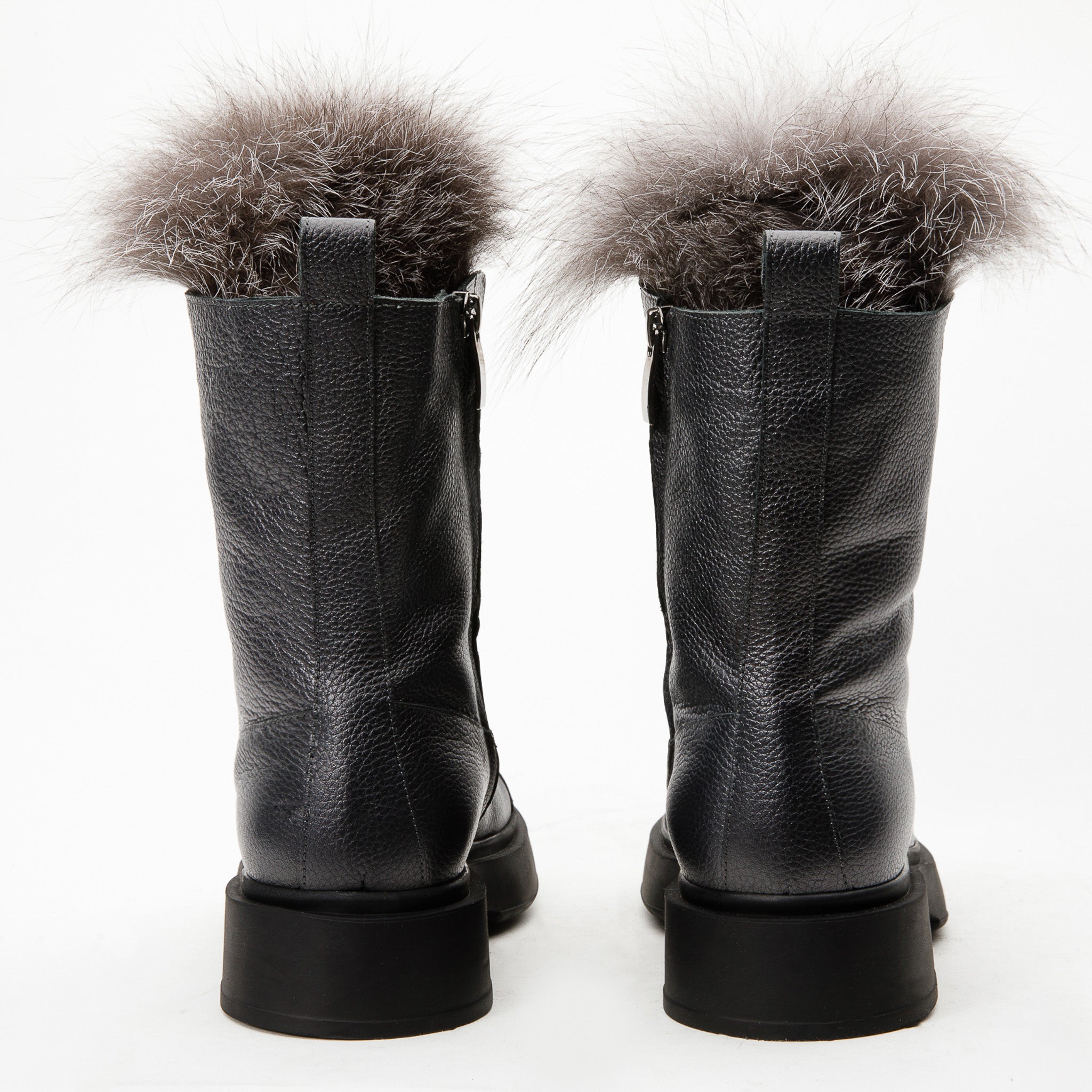 The Kajapati Grey Leather Natural Fur Mid Calf Boot Exclusive Style