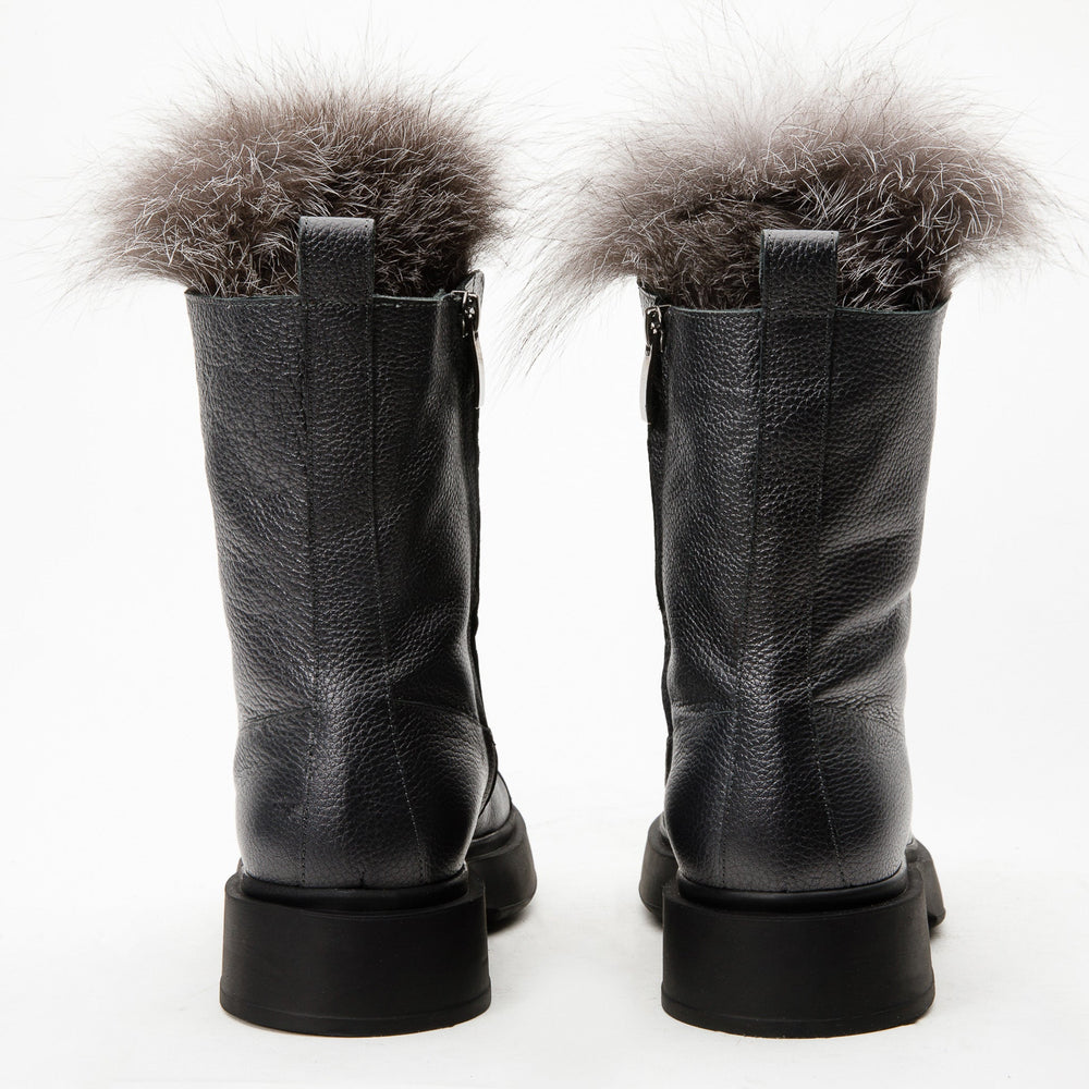 The Kajapati Grey Leather Natural Fur Mid Calf Boot Exclusive Style