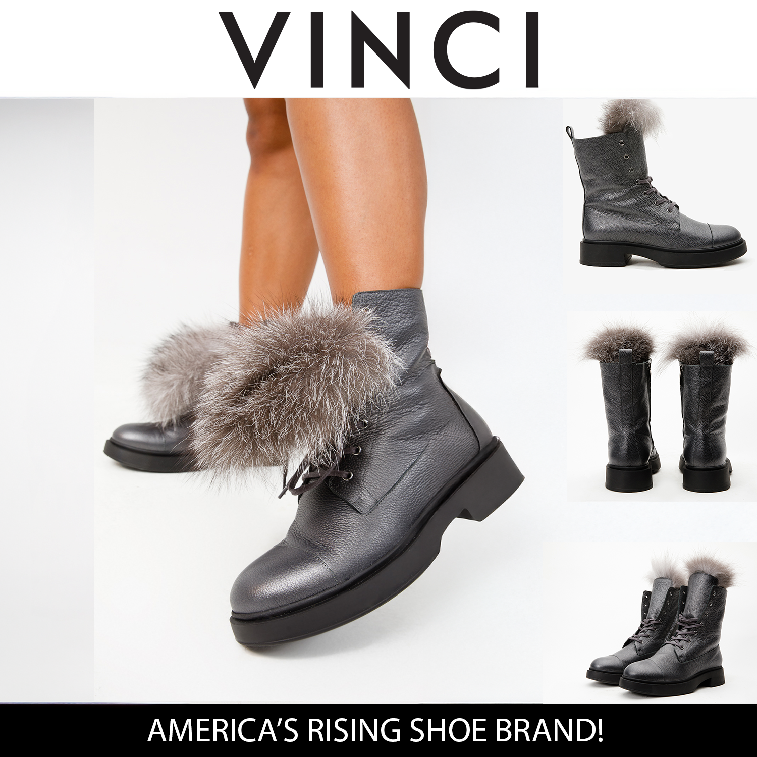 The Kajapati Grey Leather Natural Fur Mid Calf Boot Exclusive Style