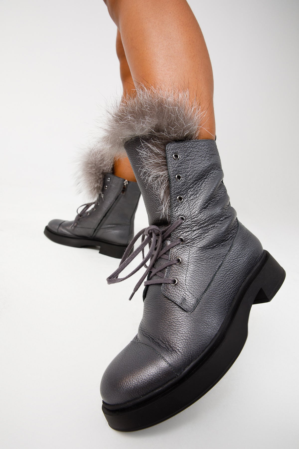The Kajapati Grey Leather Natural Fur Mid Calf Boot Exclusive Style