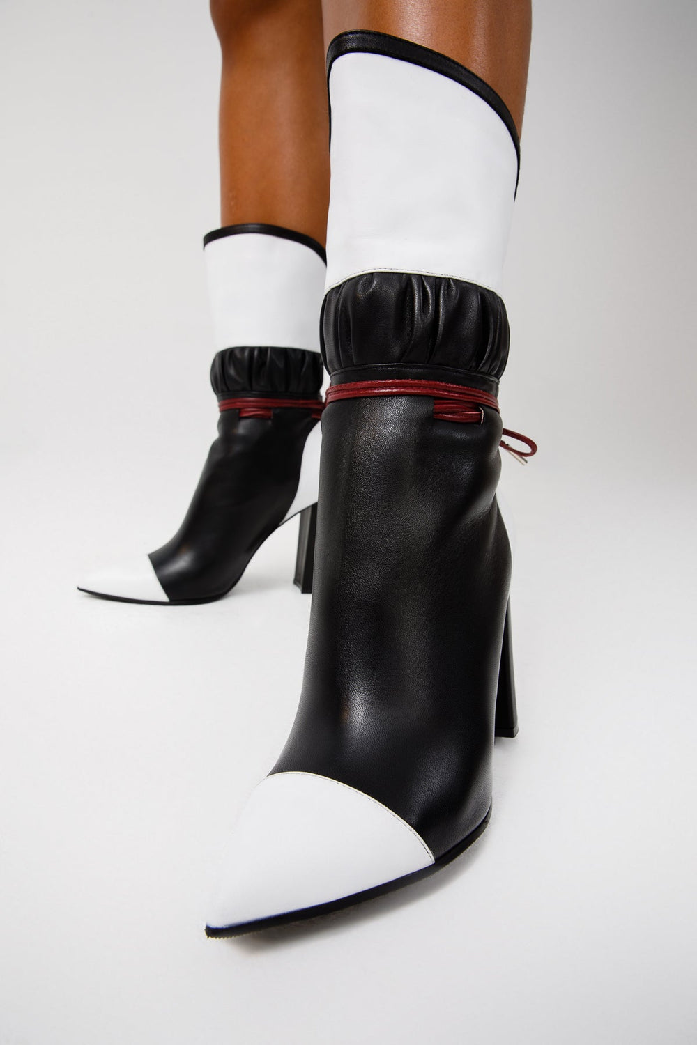 The Lucca Black White Leather Mid Calf High Heel Boot Limited Edition Universal Fit