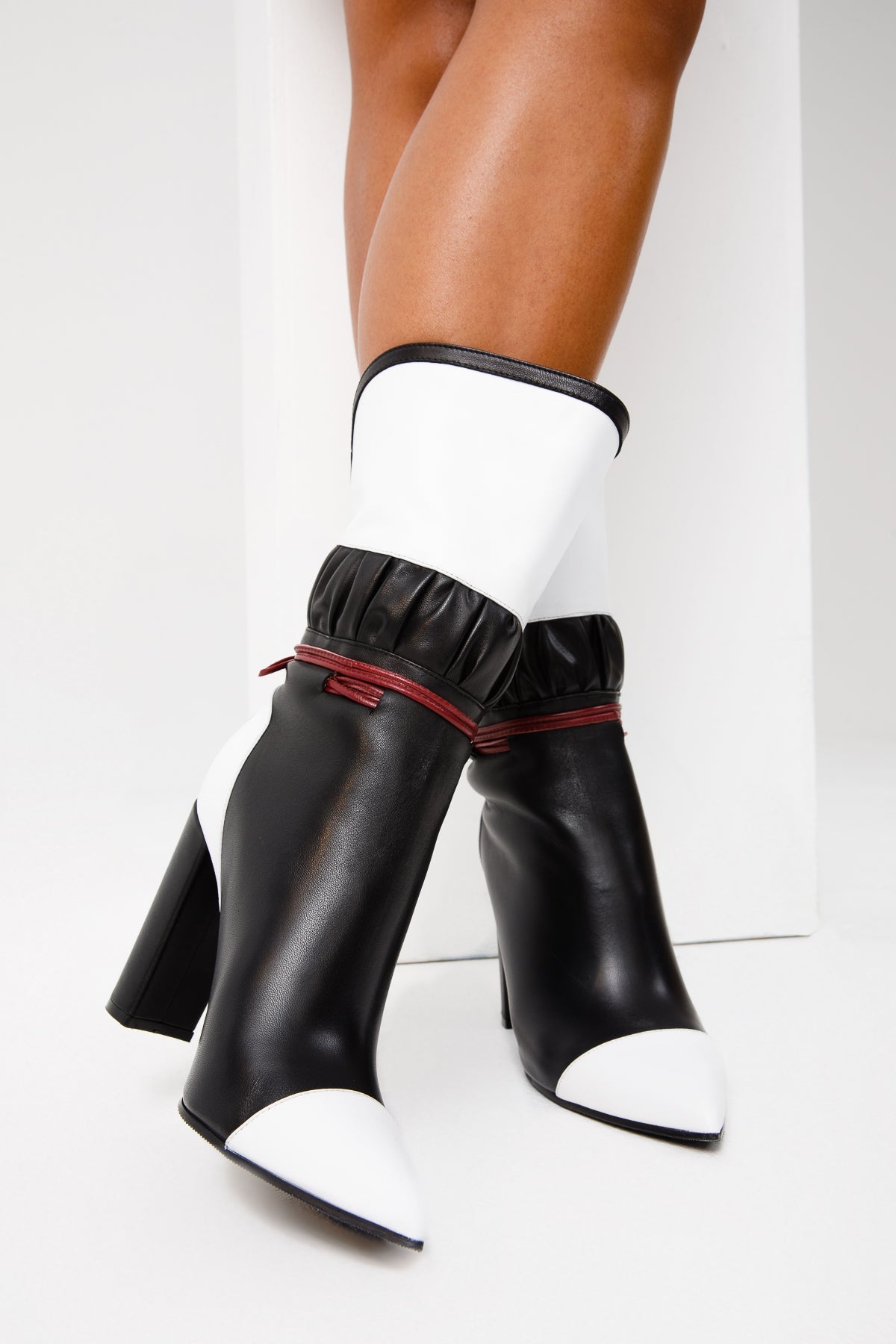 The Lucca Black White Leather Mid Calf High Heel Boot Limited Edition Universal Fit
