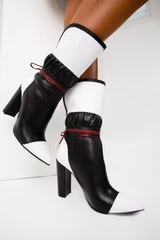 The Lucca Black White Leather Mid Calf High Heel Boot Limited Edition Universal Fit