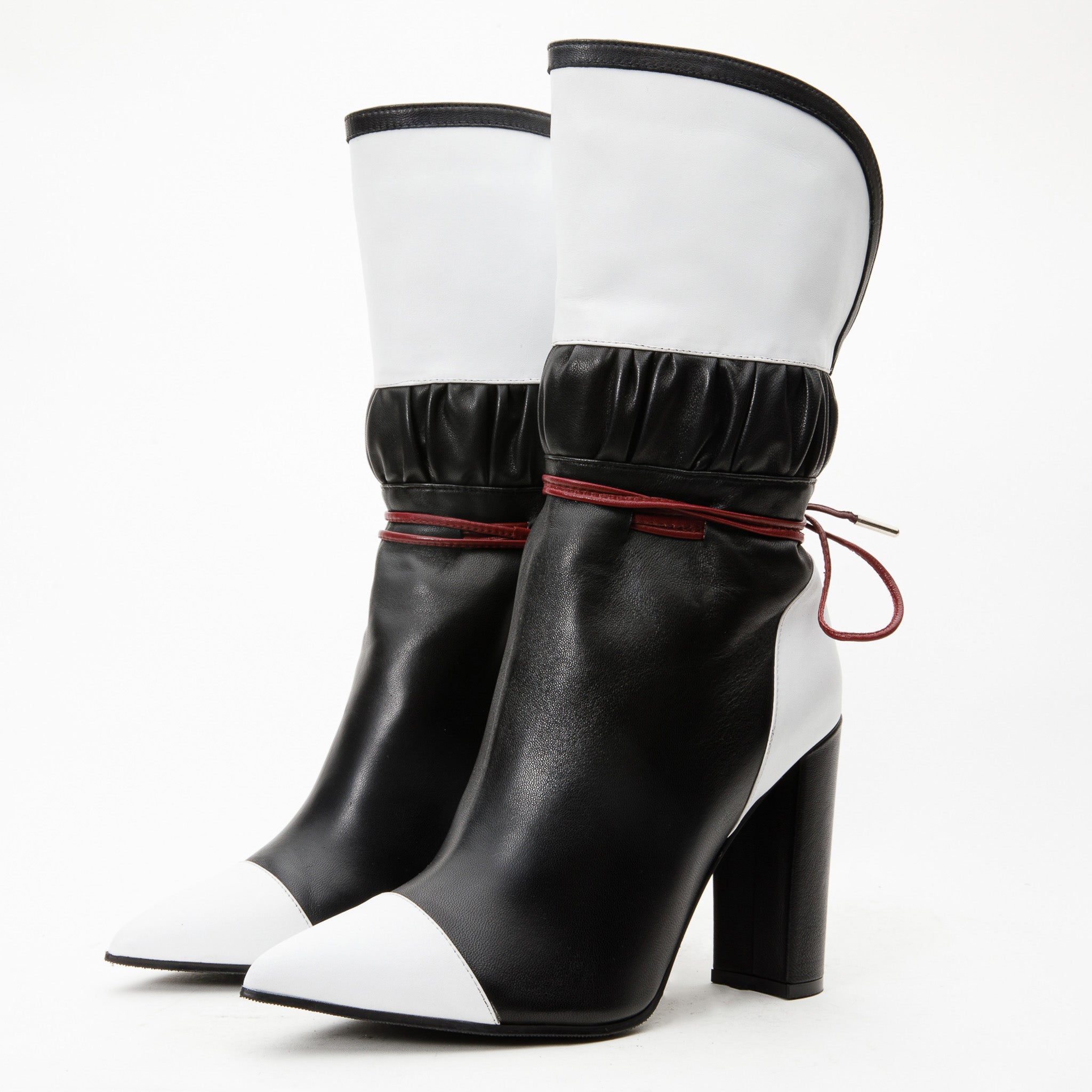 The Lucca Black White Leather Mid Calf High Heel Boot Limited Edition Universal Fit