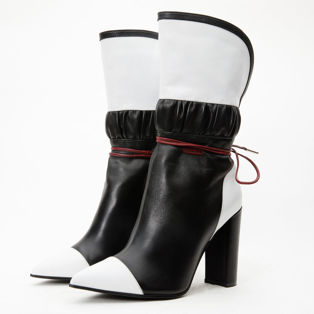 The Lucca Black White Leather Mid Calf High Heel Boot Limited Edition Universal Fit