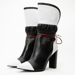 The Lucca Black White Leather Mid Calf High Heel Boot Limited Edition Universal Fit