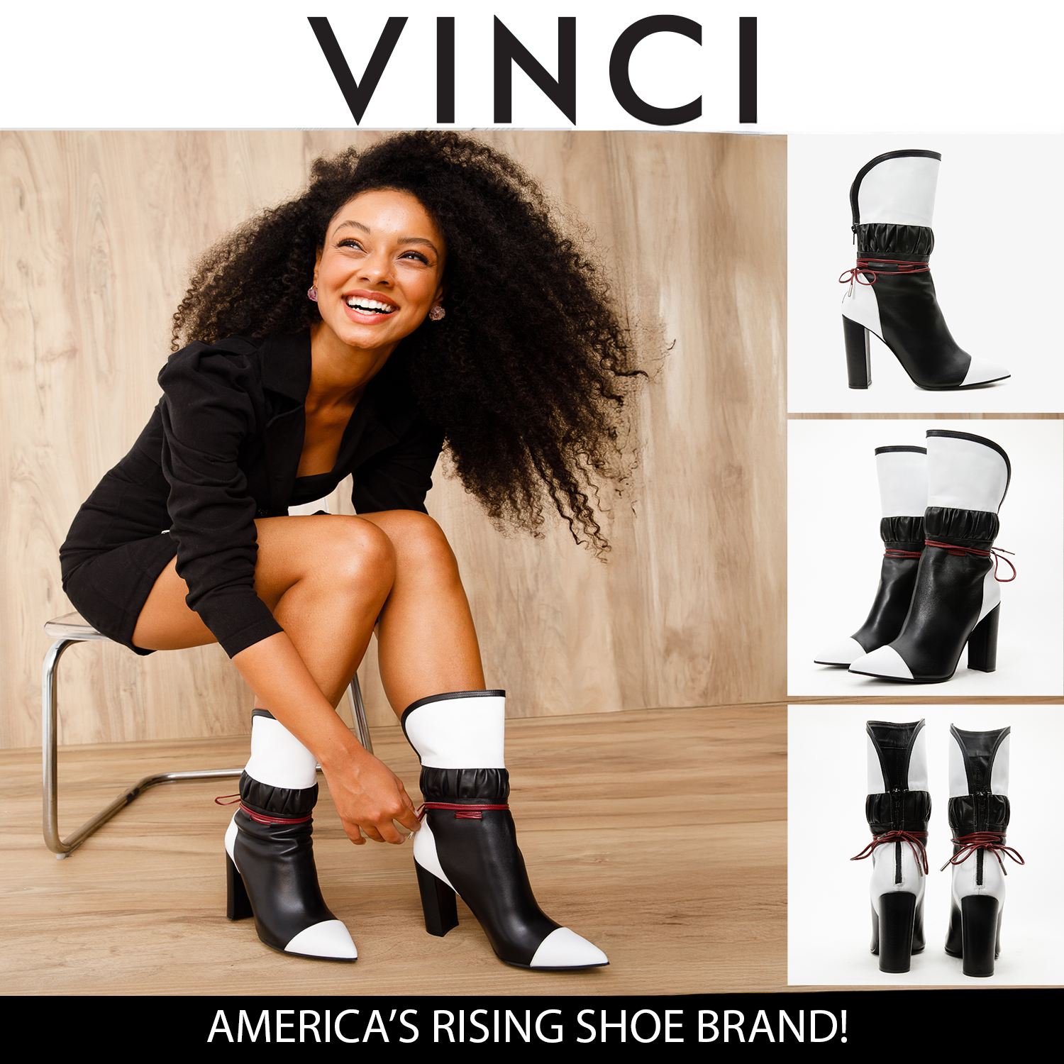 The Lucca Black White Leather Mid Calf High Heel Boot Limited Edition Universal Fit