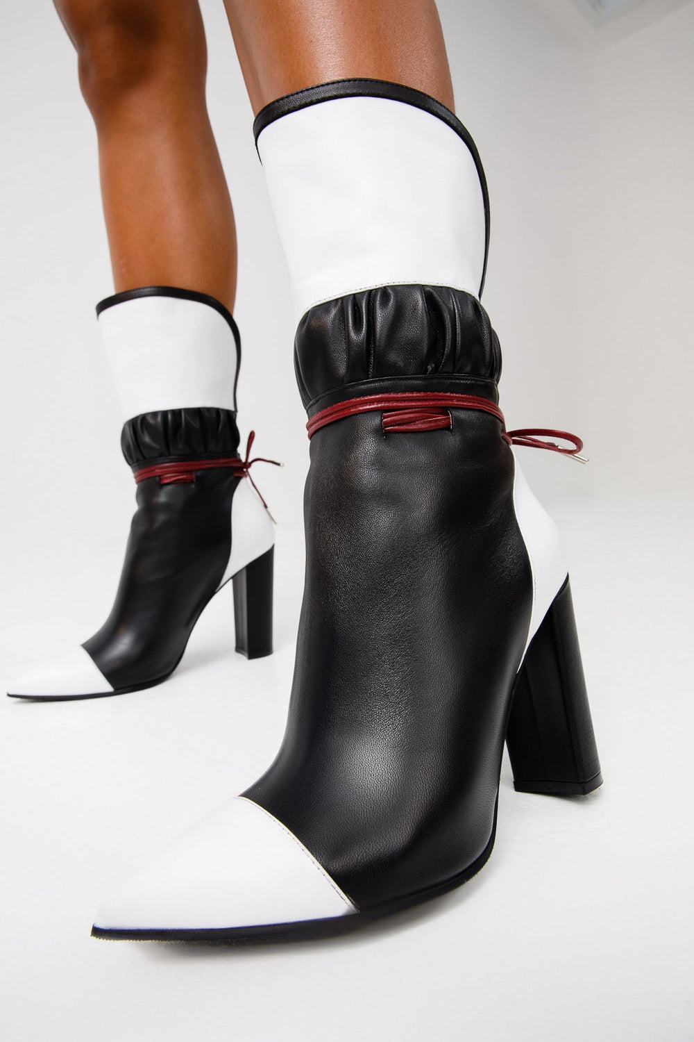 The Lucca Black White Leather Mid Calf High Heel Boot Limited Edition Universal Fit