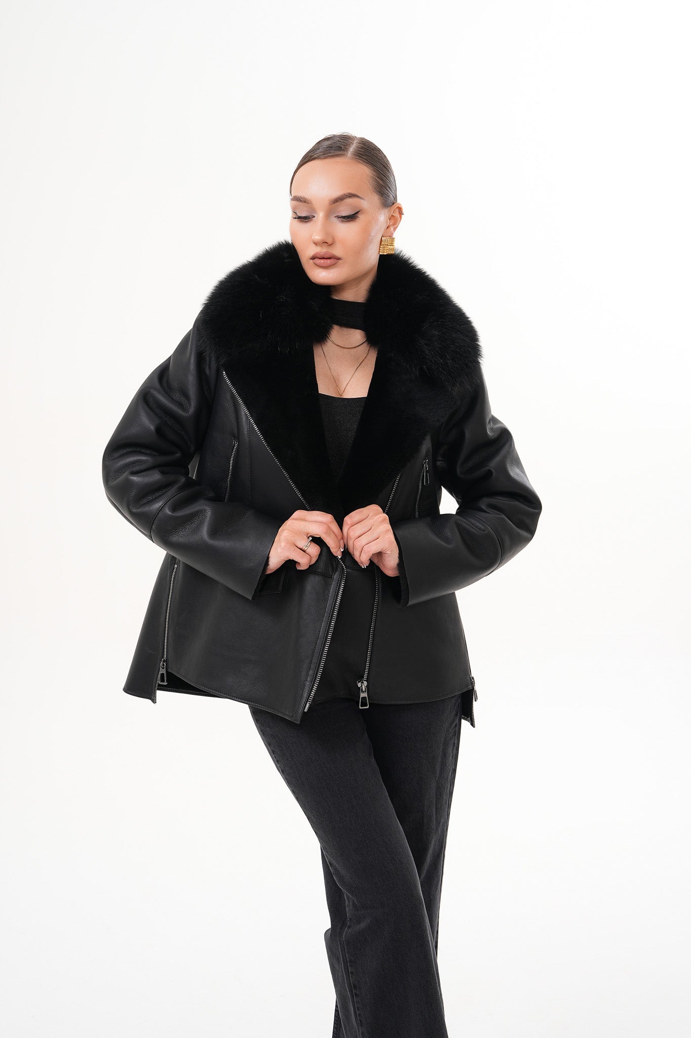 The Duchess Shearling Black Leather Jacket Exclusive Style