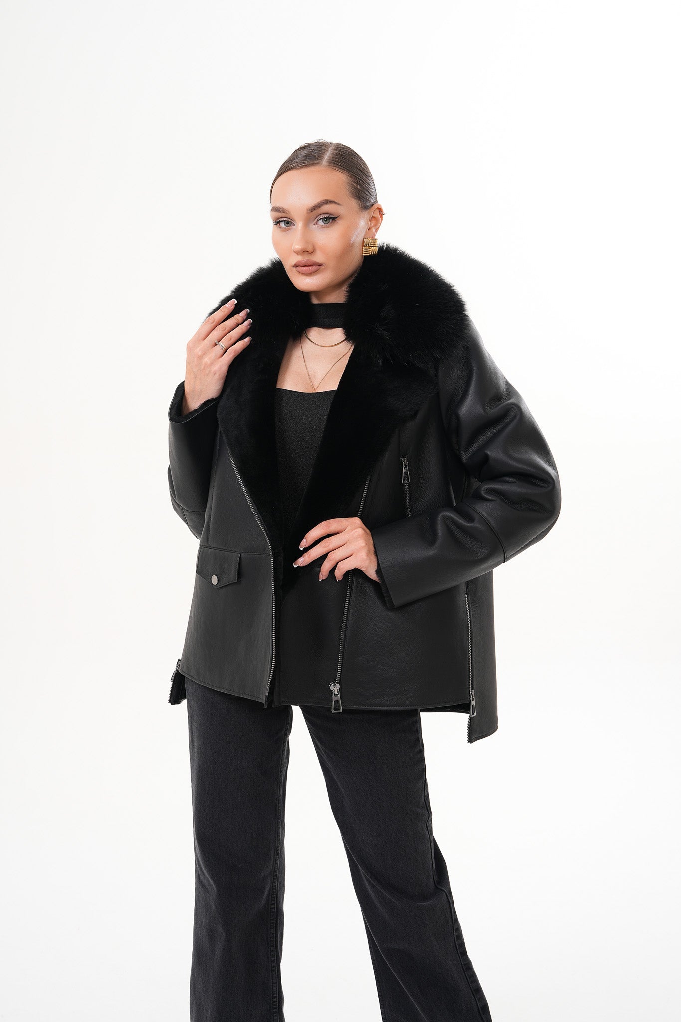 The Duchess Shearling Black Leather Jacket Exclusive Style