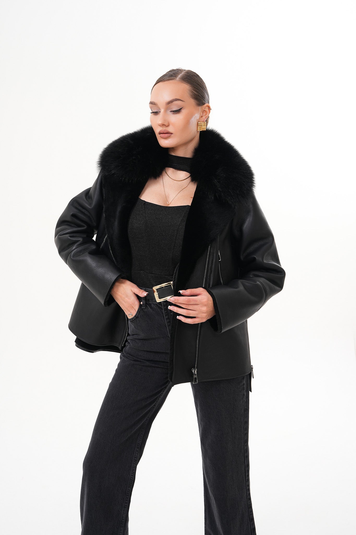 The Duchess Shearling Black Leather Jacket Exclusive Style